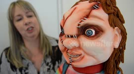 A life-size Chucky doll made of CAKE terrifies punters at a bakery for Hallowe'en