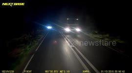 Terrifying moment overhanging load from HGV slams into truck driver's cab