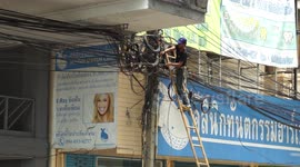 Thai electrician at work on a bamboo ladder.
