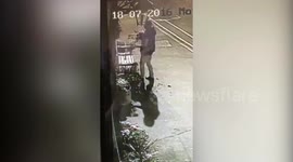This is the moment a cheapskate thief was caught stealing FLOWERS from a hanging basket outside a pub.