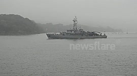 Nato Polish Minesweepers ORP FLAMING leaves Plymouth devon with a fleet of Nato minesweepers