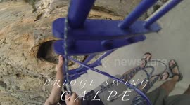 Climbers jumping off high bridge between two bridges extreme jump crazy to do this