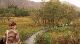 Woman walking through autumn forest in Lake District