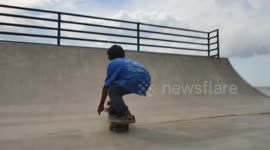 One-legged boy performs skateboard tricks after receiving prosthetic leg