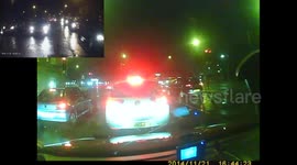 Car decides they can't wait, so decides to dodge between vehicles to get through, even going on the wrong side of the road