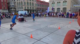 street entertainers performing acrobatics and dancing in split croatia
