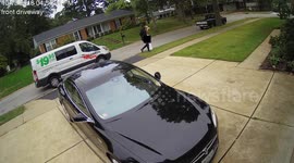 Instant karma for careless delivery driver when he steps in dog poop