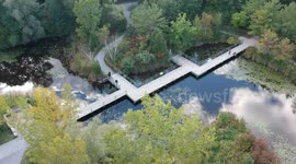 Drone view of bridge over pond