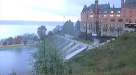 Floodwater turns stadium bleachers into a waterfall