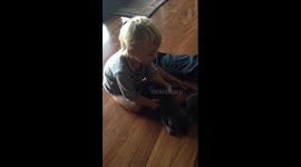 Baby throws puppy, lovingly