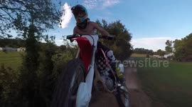 Drone gets taken out mid-flight by dirt-biker