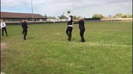 Granddad gets knocked down by surprise header at footie field