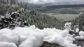 Scenic pan beyond Gibbon River Falls in Yellowstone National Park in October 2018