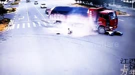 Scooter driver miraculously escapes death twice seconds apart