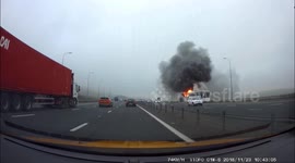 Burning coach spotted on dashcam in West Yorkshire highway