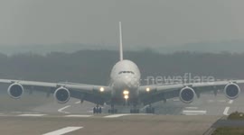 Storm Diana - Airbus A380 slides over the runway after a wind gust