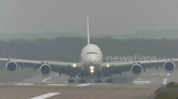 Storm Diana - Airbus A380 slides over the runway after a wind gust