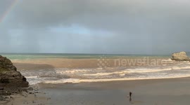 Huge landslide as Storm Diana pummels cliffs and turns sea brown in Portreath Cornwall