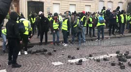 'Yellow vest' protester filmed pulling stones out of cobbled street amid clashes with police