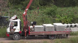 Concrete in the jungle, this truck is unloading concrete slabs in a jungle area, a fews weeks ago it was concrete pipes, looks like more loss of jungle to human development projects.