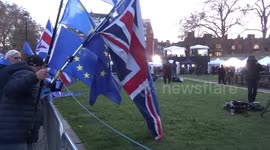 UK and EU flags fly over media tents at College Green ahead of no confidence vote in Theresa May