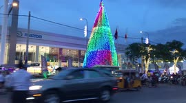 Christmas tress brightly lit up in Cambodia