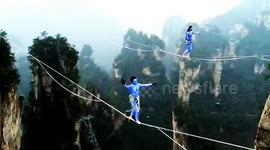 Chinese slackline walkers compete in terrifying contest