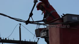 Explosion and fire at power line worker accidentally cuts into live high voltage electrical power line in Toronto
