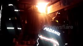 Indonesian firemen use torch pole to burn out indoor wasp nest