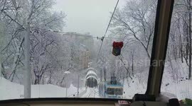 Funicular ride during snowy weather in Kyiv, Ukraine