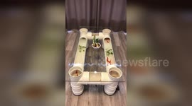 Creative man makes fish tank tea table