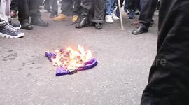 UK pro-Brexit, Yellow Vest, Protesters burn a EU flag outside Downing Street