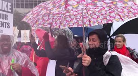 Whistles and umbrellas as LA teachers strike in the rain