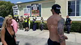 'Free the Nipple' protest held at Venice beach opposite Christian protesters