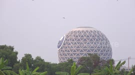 swallows flying around a strange looking temple in Thailand.
