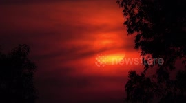 Swallows fly fast a big orange sunset in rural Thailand.