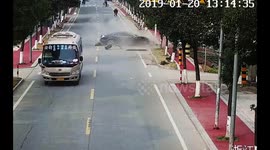 Street sweeper has near miss when out-of-control car smashes into a tree