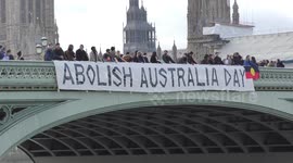 London: Abolish Australia day banner drop at Westminster bridge