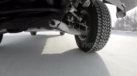POV shot shows polar vortex's effect on truck tyres in Canada