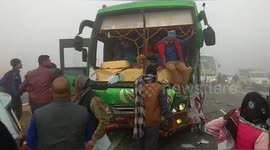 Terrifying moment: people jumping from bus to save life as bus collied due to dense fog in India.