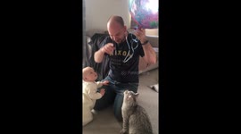Baby and cat both want to play with balloon