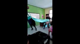Indonesia Students Pretend Performing Lion Dance in Class