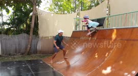 World's most extreme toddler: Three-year-old girl drops into 6ft half-pipe