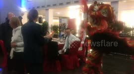 The Lion dance at the Chinese New Year dinner at Bright Courtyard Club, London, UK