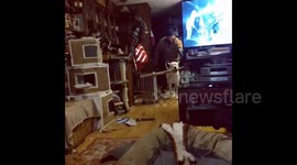 Dog manages to carefully navigate through house with huge stick