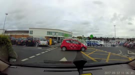 Always check if the road is clear, nearly crashed on car park, quick reaction. Near miss on car park.