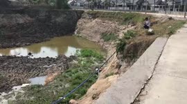 Heartwarming moment rescuers wade through sinking mud to save stranded stray dog