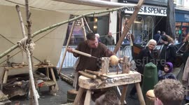Viking Woodworker making a bowl at Jorvik Viking Festival, York 2019