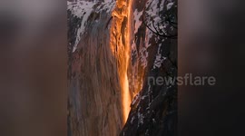 Yosemite firefall: Reflection creates illusion of lava flowing down mountainside
