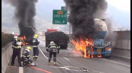 Three lorries catch huge fire on motorway in China's Fujian